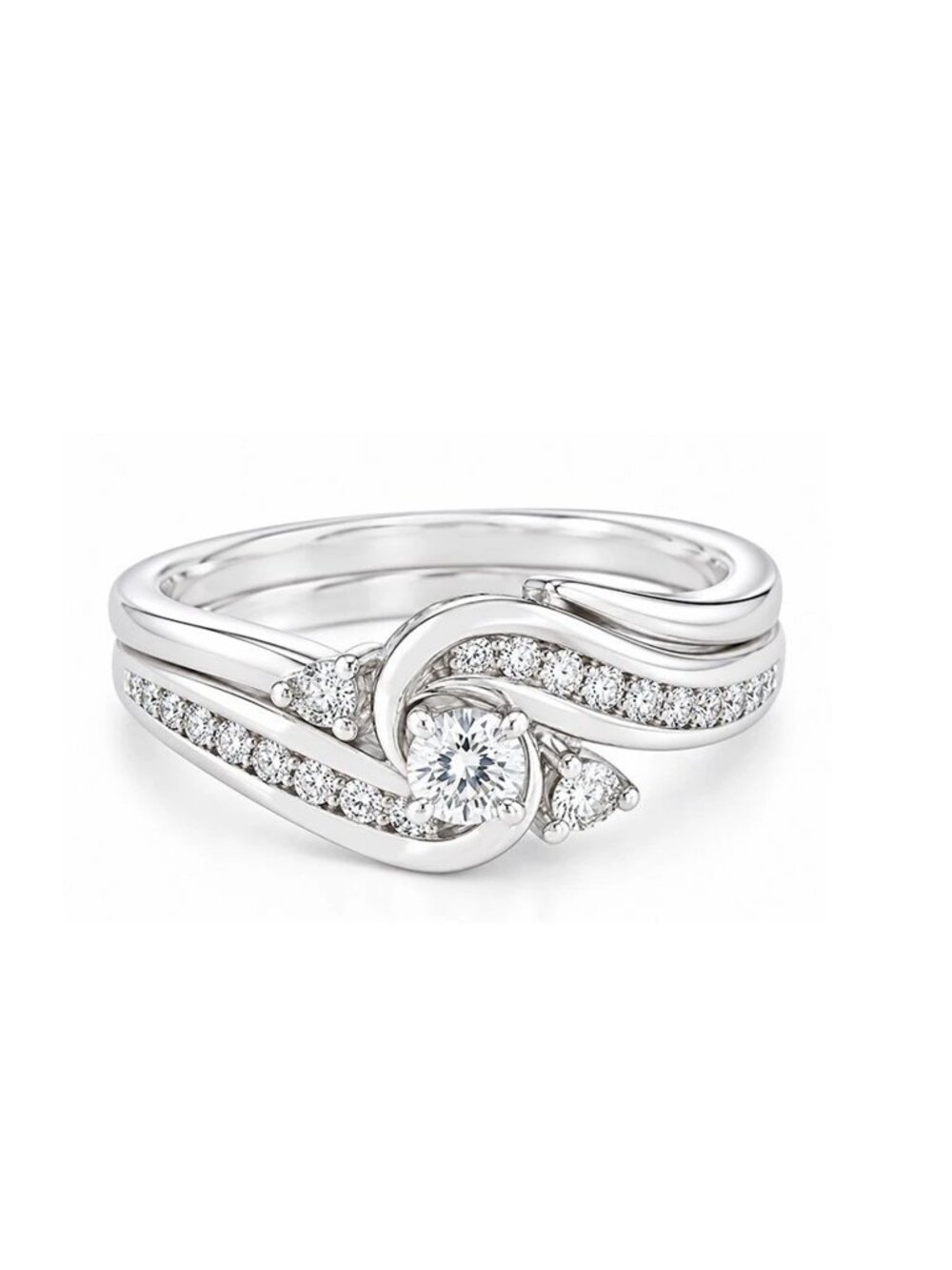 Swirl Promise 1.15 CT Diamonds Ring Set Solid 14k White Gold